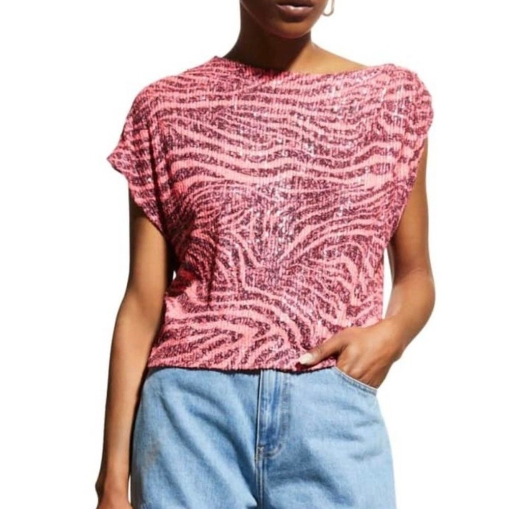 In The Mood For‎ Love Biarritz Zebra Sequin Top Neon Pink Black Large NEW